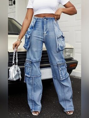 Vaceky Stretch Cargo Straight Leg Side Zipper Slit Denim Jeans Sz M 8-10